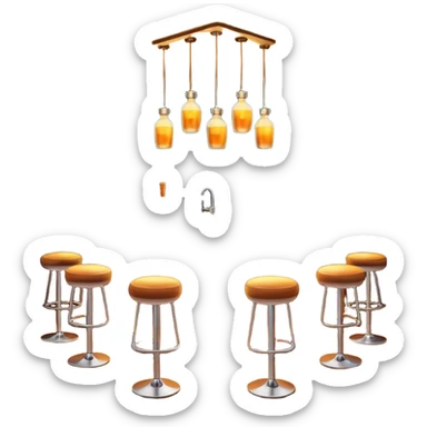 A 3D cartoon bar interior with bottles on glass shelves, counter lighting, high stools, and glowing drink glasses, warm ambient light, realistic Memoji-style. sticker