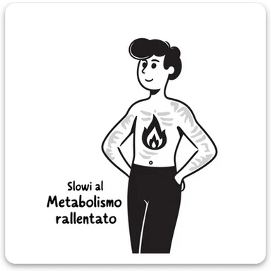 Illustrazione concettuale: silhouette di uomo con muscoli trasparenti e una fiamma piccola al centro, testo in italiano: “Metabolismo rallentato”. sticker