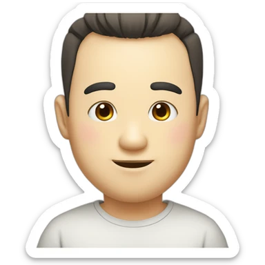 Fat, slightly thin, droopy eyes and eyebrows, thick lips, big head, smiling with a pencil, cute Japanese guy sticker