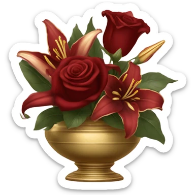 A Baroque-style still life with a bouquet of deep red roses and lilies in a gilded vase, draped in velvet fabric sticker