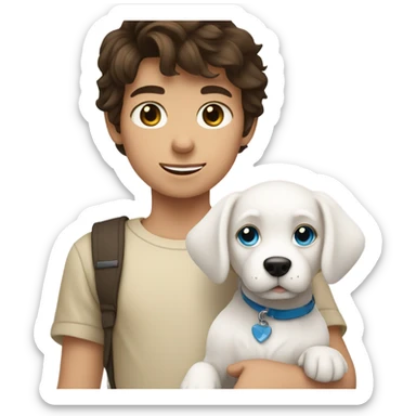 Brunette white boy with blue eyes holding white dog sticker