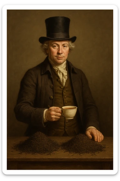 Сгенерируй мне британского предпринимателя 18 век, собирательный образ, в цилиндре, на однородном фоне. Он должен полностью помещаться в экран и не касаться краев изображения, и не обрезаться ими Он стоит за столом, на столе большие кучи росыпью чай, а сам он держит кружочку чая В СТИЛЕ РЕАЛИСТИЧНОЙ ЖИВОПИСИ sticker