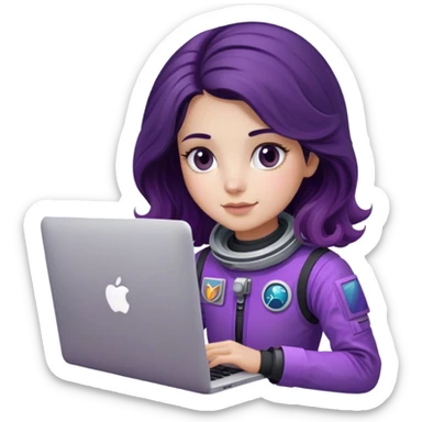 girl astronaut with purple suit, long ombre black/brown wavy hair and one macbook sticker
