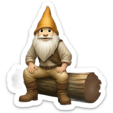 side view of gnome with light tan pants and light tan boots squatting in front of small brown log sticker