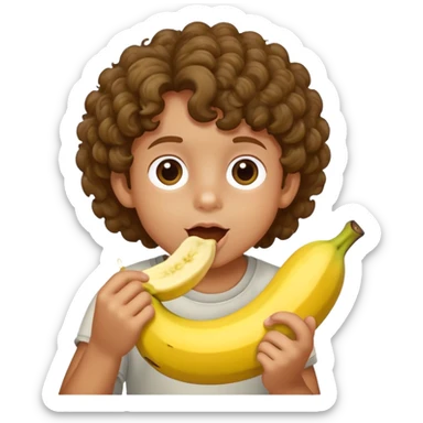 Kid with curly brown hair eating a banana  sticker