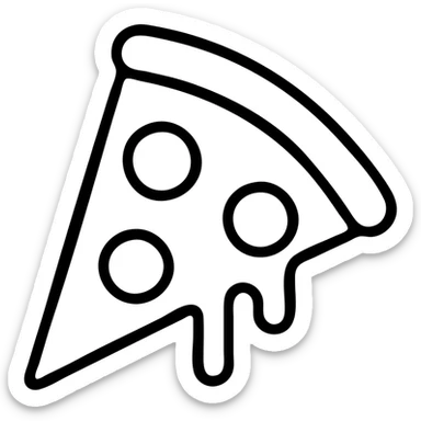 A triangular slice of pizza with melting cheese and pepperoni toppings, minimalist outline sticker