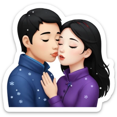 black long haired asian guy kissing redhead girl in snow falling sticker