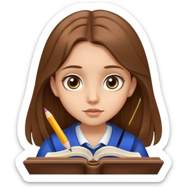A girl with long brown hair, light skin and big eyes is studying sticker