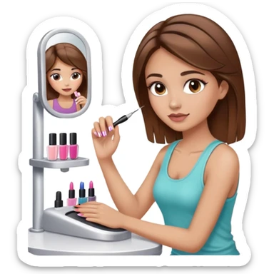 Girl with brown hair and light brown highlights with makeup and has a cute tank top on getting her nails done  sticker
