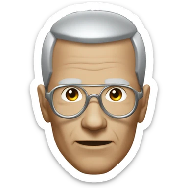 Older Male cyborg head with metallic plated face, brown flat top haircut, glasses and circuitry sticker