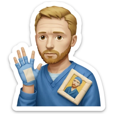 van gogh paints on a canvas. On his right he has a bandage sticker