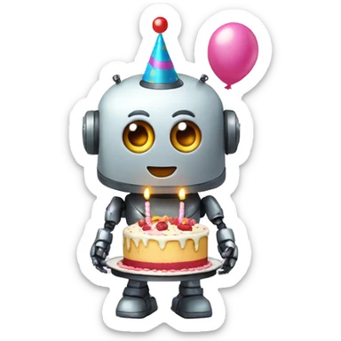 funny birthday robot with cake and a balloon sticker