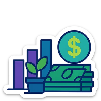 investment concept with upward arrow and money, with a different color scheme sticker