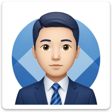confident Korean businessman emoji, navy suit, blue tie, modern blue and white geometric stripes in background, expressing digital innovation and professionalism sticker