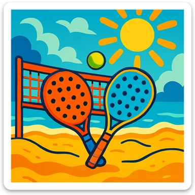 beach tennis scene, vibrant and energetic, sand, rackets, sun, fun, cartoon style sticker