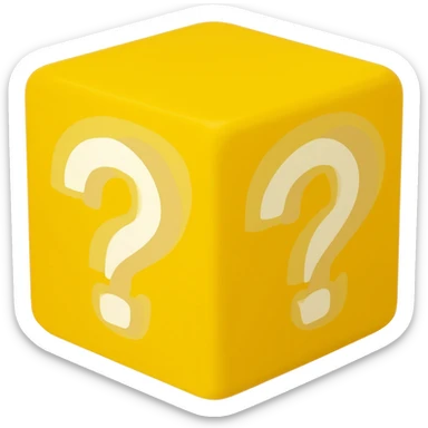 yellow cube shaped box filled with over stuffed question marks sticker