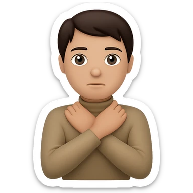 Change hair to brunette, keep arms crossed holding neck, neutral expression, preserve transparent background. sticker