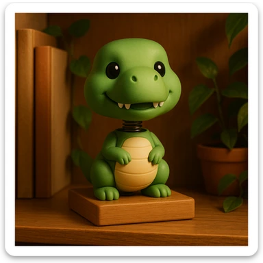 a dinosaur bobblehead, green, cute, big head, tiny arms sticker