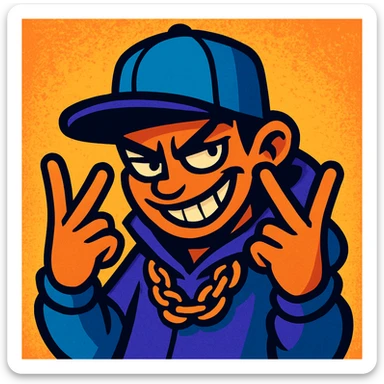 devious-looking character making the YVL hand sign with both hands, urban street style, mischievous expression, bold lines, vibrant colors sticker