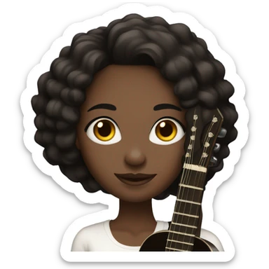 A woman of 25 years old, dark hair, ebony skin, with a jazz guitar white sticker
