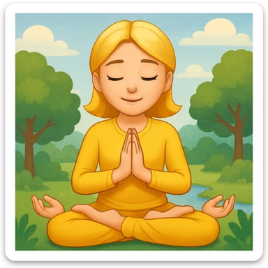 Add a peaceful nature background with trees and sky behind the meditating emoji, keep the classic emoji style sticker
