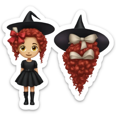 Young witch with black dress and big red hair bow  sticker