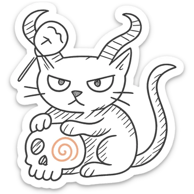 Add the iconic lollipop from the Trick 'R Treat movie hanging from one of the cat's demon horns, hand drawn style with dynamic outlines, no fill, preserve the red spiral on the skull, transparent background. sticker