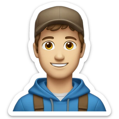 caucasian, male, brown hair, brown eyes, cap, smiling, blue hoodie sticker