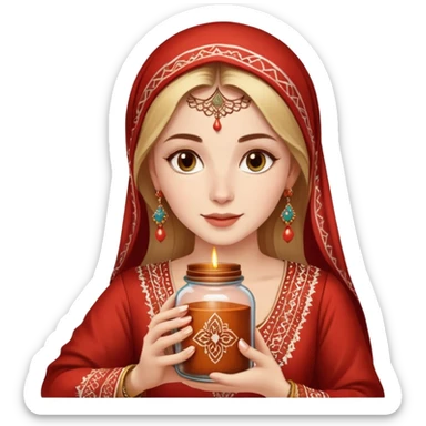 A beautiful white women wearing a traditional marrocan clothing and holding a jar of henna sticker