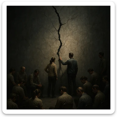 A group of people standing in front of a large visible problem such as a cracked wall, a polluted environment, or a massive locked gate symbolizing limitation or illness. Most people sit idly, distracted or indifferent, while only two individuals step forward trying to fix or understand the issue. Lighting highlights the two proactive people, while the rest are in muted tones. Conceptual, symbolic, emotionally charged, cinematic composition with strong contrast between action and apathy, hyperrealistic 4K. sticker