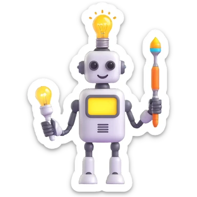 playful smiling robot holding a paintbrush with a glowing lightbulb above its head, indicating AI-assisted creation sticker