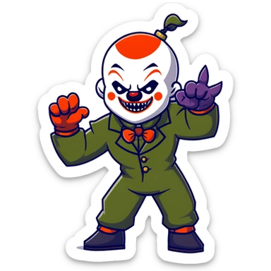evil clown warrior, bald, small black satan-like horns on forehead, fangs, pointed ears, eye patch over one eye, black and military green leisure suit with bellbottom pants, realistically proportioned, less bulky, full body, battle-ready fighting posture sticker