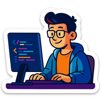 programmer sitting in front of computer, focused on coding, modern cartoon style, bright colors, simple background sticker