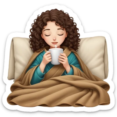 Brunette Curly girl inside a blanket sipping coffee eyes closed sticker