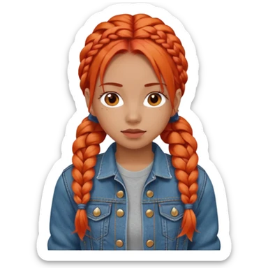 red orange braids hair girl, wear jean jacket sticker