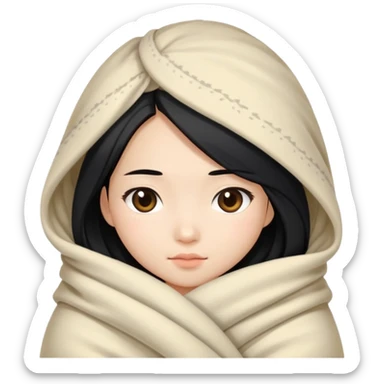Asian girl with long black hair wrapped in a blanket sticker