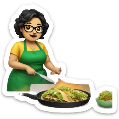 chubby lady with black hair green apron  with glasses cooking tacos sticker