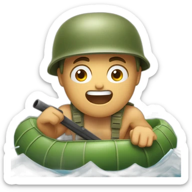 Yelling army soldier shirtless in a raft sticker