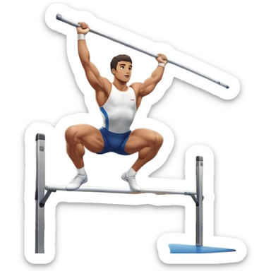 A professional male athlete performing on the parallel bars, showcasing strength and grace. His body is in mid-motion as he holds a perfect inverted position, demonstrating control and balance. The background features a bright gymnasium with high ceilings and a crowd cheering in the distance. sticker