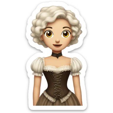 a light girl with straight and loose dark brown hair standing with her back tied an old corset on a fluffy dress sticker