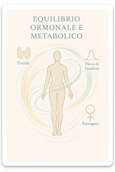 Il corpo è circondato da simboli delicati e bilanciati che rappresentano equilibrio ormonale e metabolico: piccoli cerchi, flussi energetici colorati, simboli stilizzati di tiroide, picco insulina, estrogeni. 4k immagine in italiano sticker