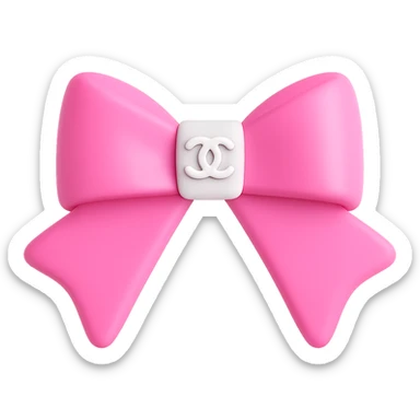 Make the Chanel logo small and white on the pink and white bow, keep it glossy, elegant, 3D emoji style, with no background. The style should resemble a 3D emoji with a glossy and elegant finish. sticker