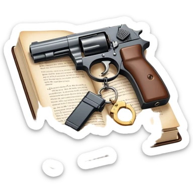 Icon for Action & Crime Reading: an open book with action-packed scenes, featuring a gun, handcuffs, a detective's badge. The icon should capture the tension and excitement of crime and action stories. Transparent background. sticker