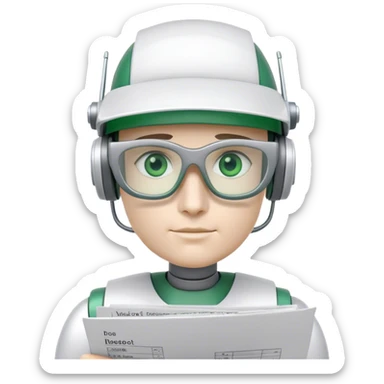 human like robot bookkeeper wearing Green eyeshades visor used by accountants and holding spreadsheets sticker