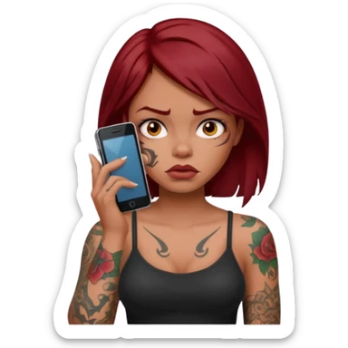 generate a girl with dark red hair, tattoos, short black hair calling on the mobile phone. Looking mad sticker