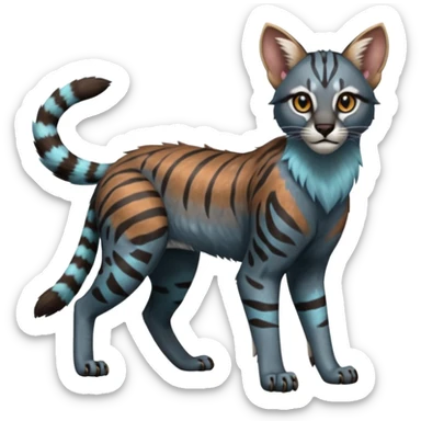 Splash-patterned Realistic edgy bluish greyish blackish whitish silvery coppery Shiny Colorful Dusky Dark Gloomy Glossy Genet-Caracal-Lion-Bobcat-fusion-animal-hybrid-creature, full body, tufted ears, long thin tufted tail sticker