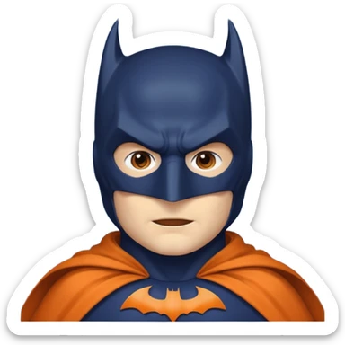 generate a batman emoji with just the face and neck showing and part of the cloak and and wings. Shade the mask in dark navy blue.  Shade the cloak in a solid vibrant orange. Shade the bat logo in a bright medium olive green. sticker