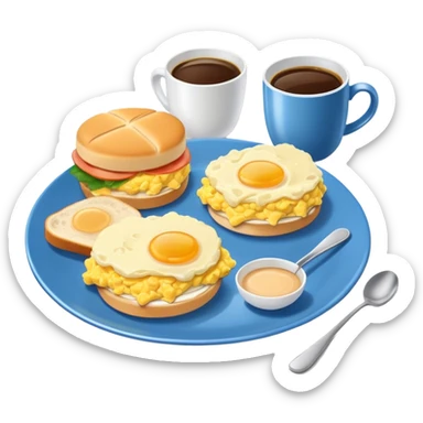 a blue plate with breakfast sandwiches and scrambled eggs and a cup of white coffee sticker
