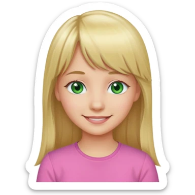 Menina branca de cabelo loiro longo de franja na testa sorrindo blusa rosa olho verde sticker