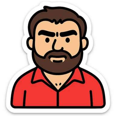 Recep İvedik, signature red shirt, thick eyebrows, beard, cartoonish, color outline icon style sticker